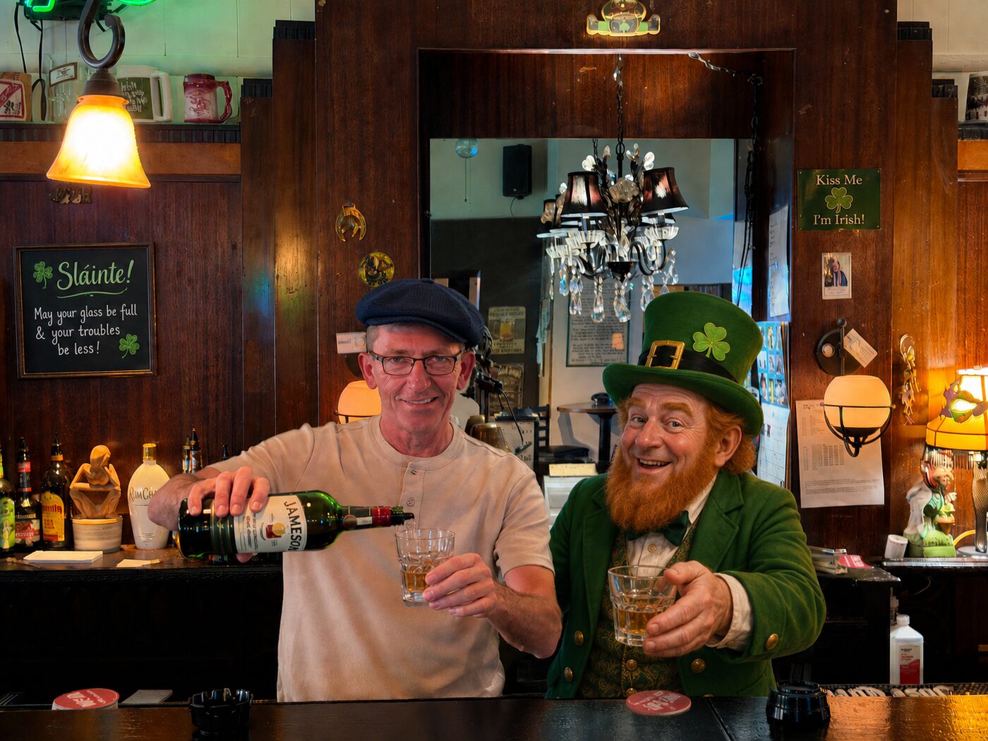 Whalen's bartender pouring a Jameson behind the bar with a friendly leprechaun