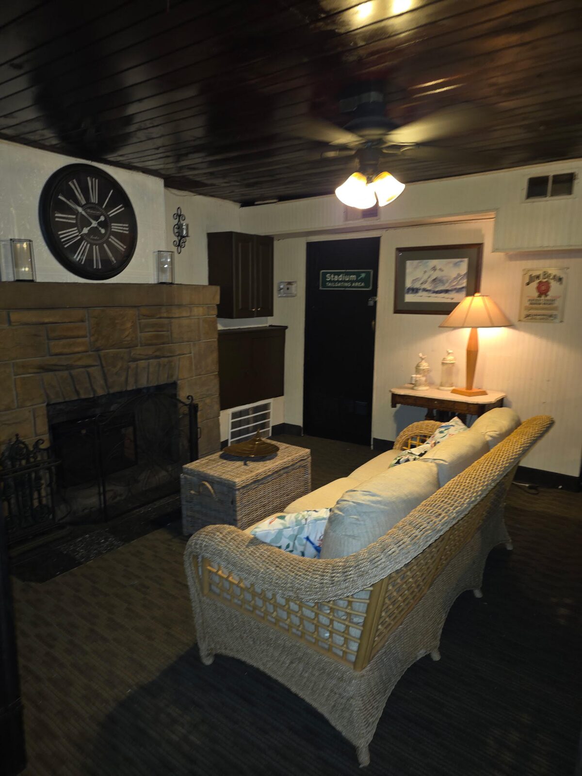 Cozy fireplace lounge area in Whalen's private event space